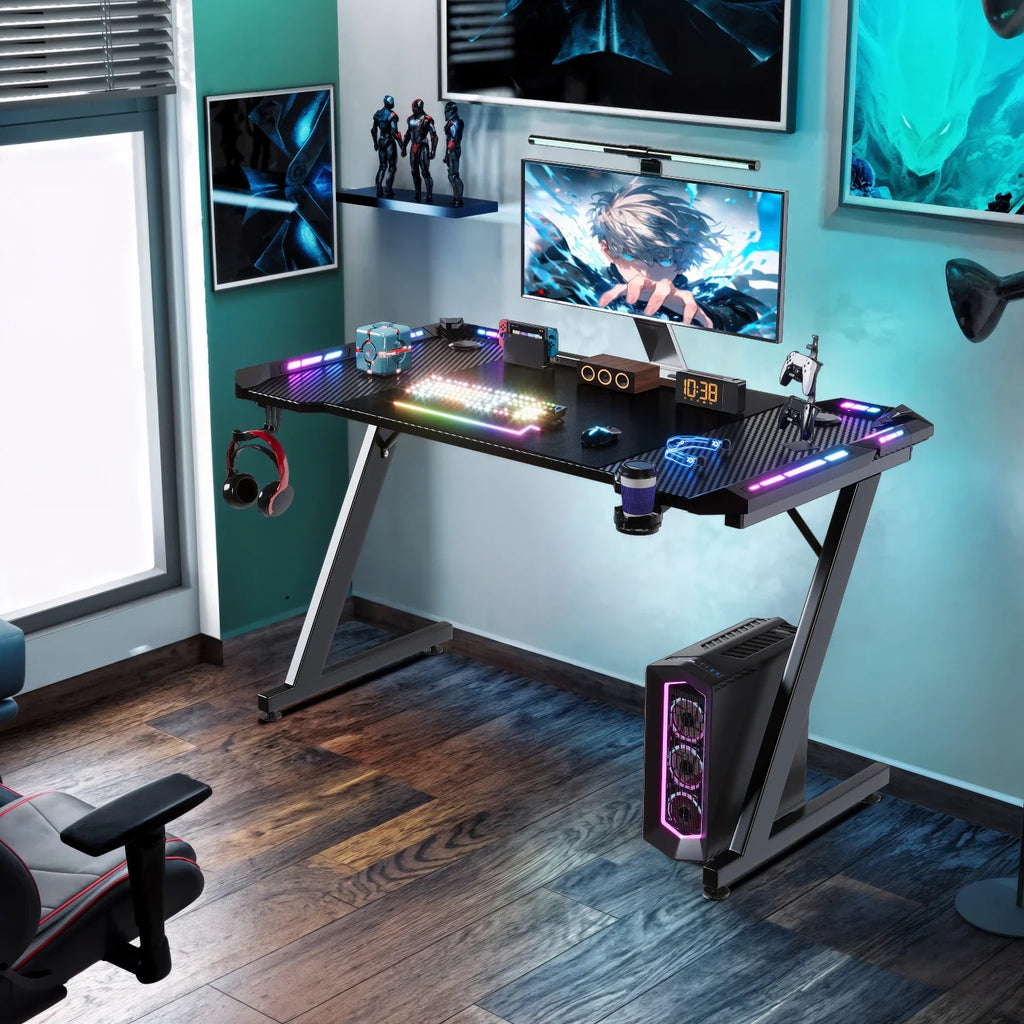 Devoko Gaming table with LED 120x60 cm Gaming desk Z-Frame Ergonomic Gamer PC table with Cup Holder