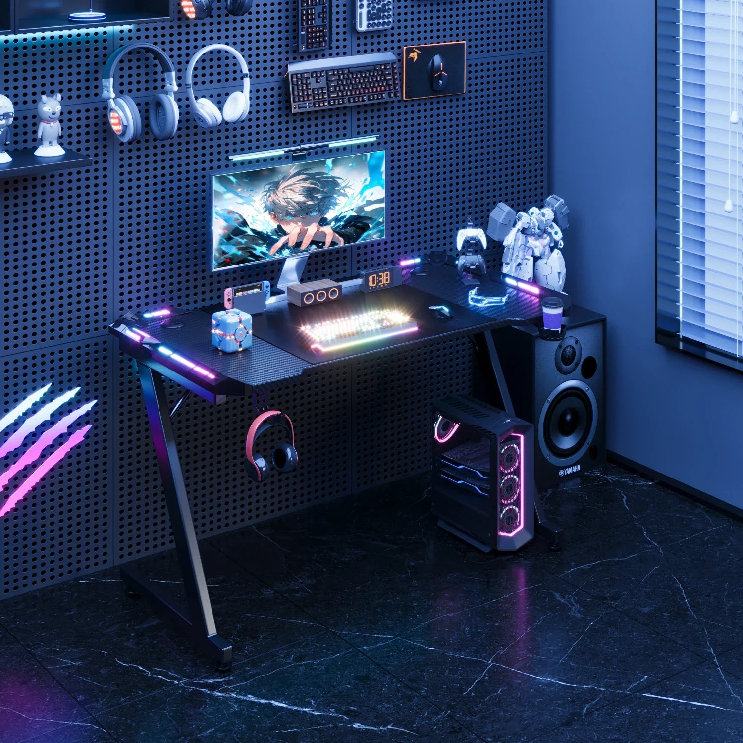 Devoko Gaming table with LED 120x60 cm Gaming desk Z-Frame Ergonomic Gamer PC table with Cup Holder