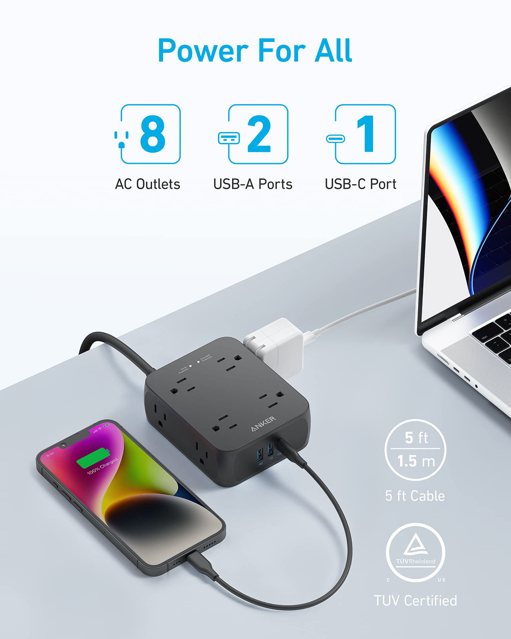 Anker 341 11-in-1 Power Strip: Features 8 AC outlets, 2 USB-A ports, and 1 USB-C port