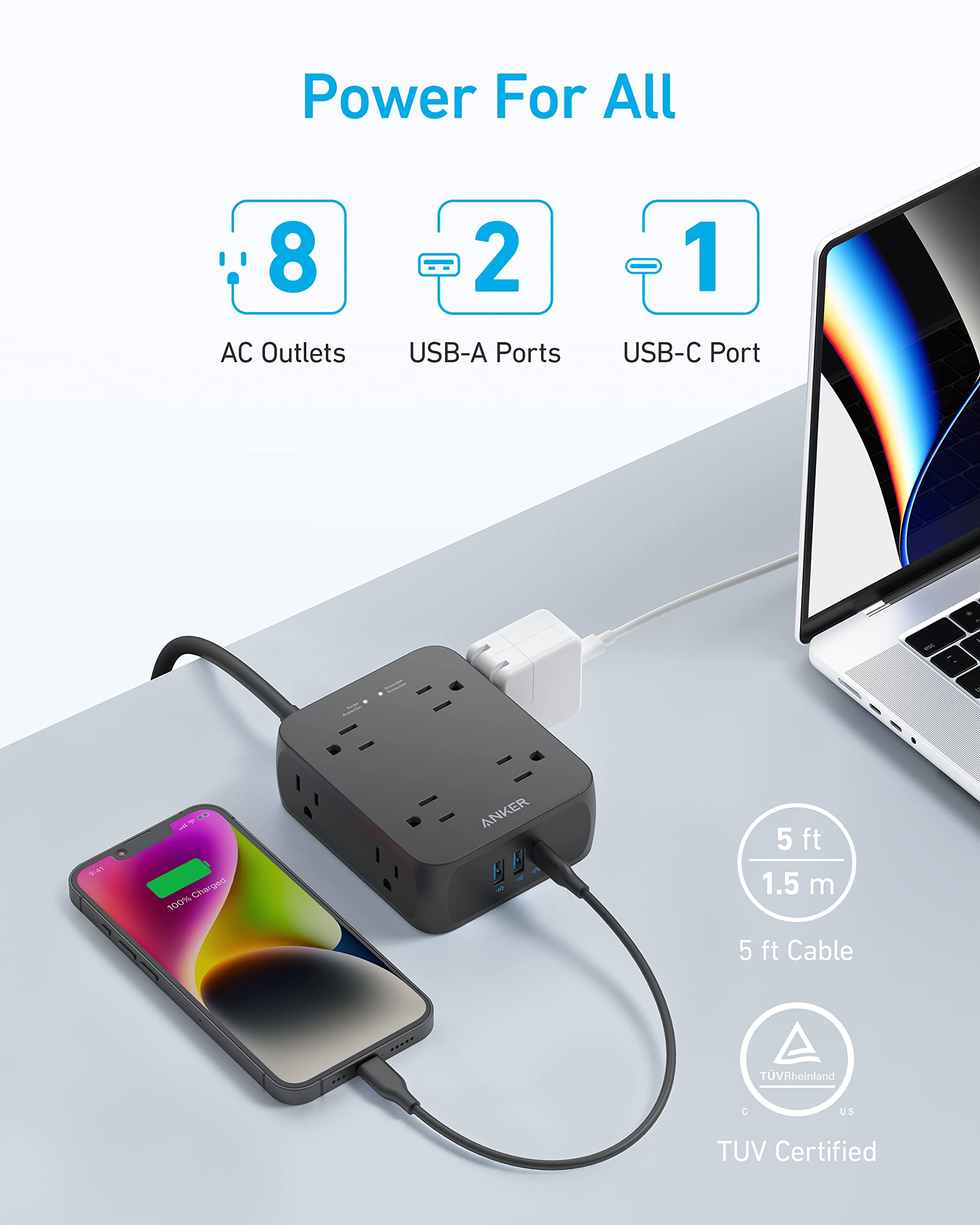 Anker 341 11-in-1 Power Strip: Features 8 AC outlets, 2 USB-A ports, and 1 USB-C port