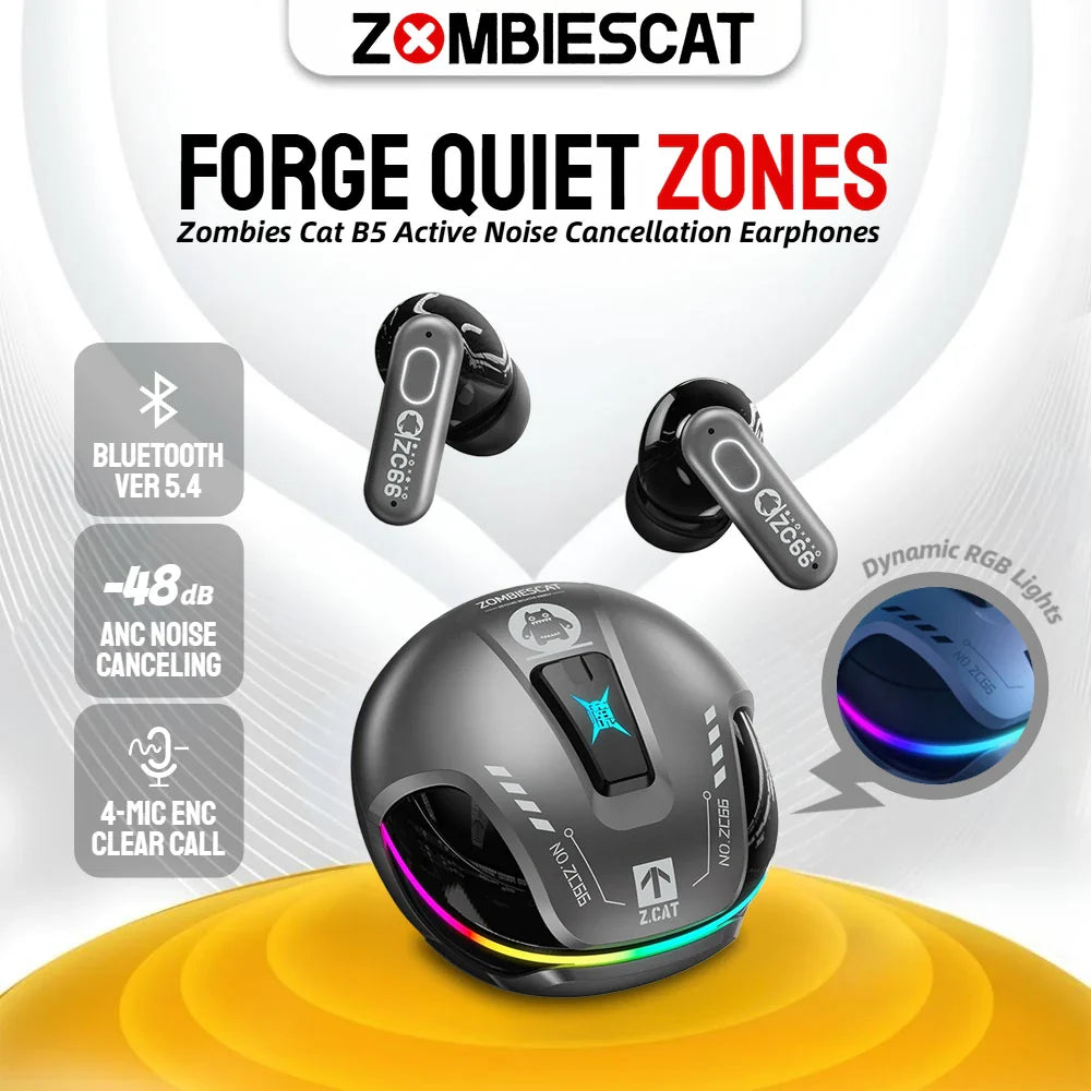 Zombies Cat B5 Active Noise Cancellation Headphone Bluetooth 5.4 ANC Earbuds Dual Connection TWS Wireless Earphones with 4 Mics