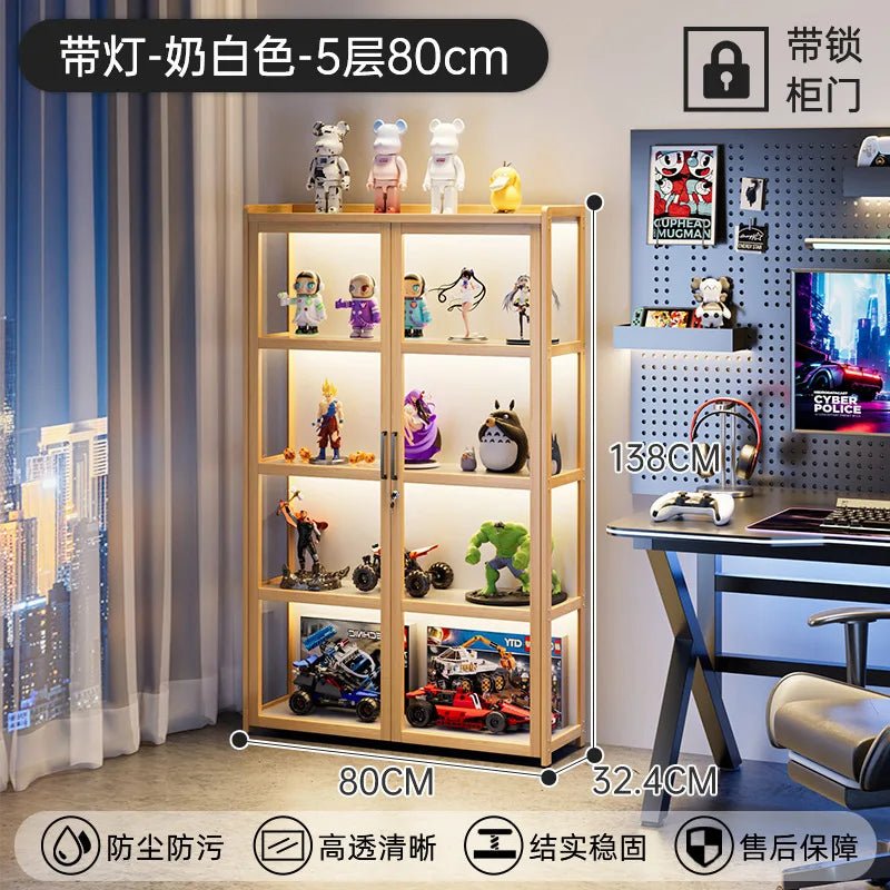 Display Cabinet Acrylic Curio Cabinet with Lock Glass Display Cabinet Natural Bamboo  Glass Cabinet Easy to Install，With Lights