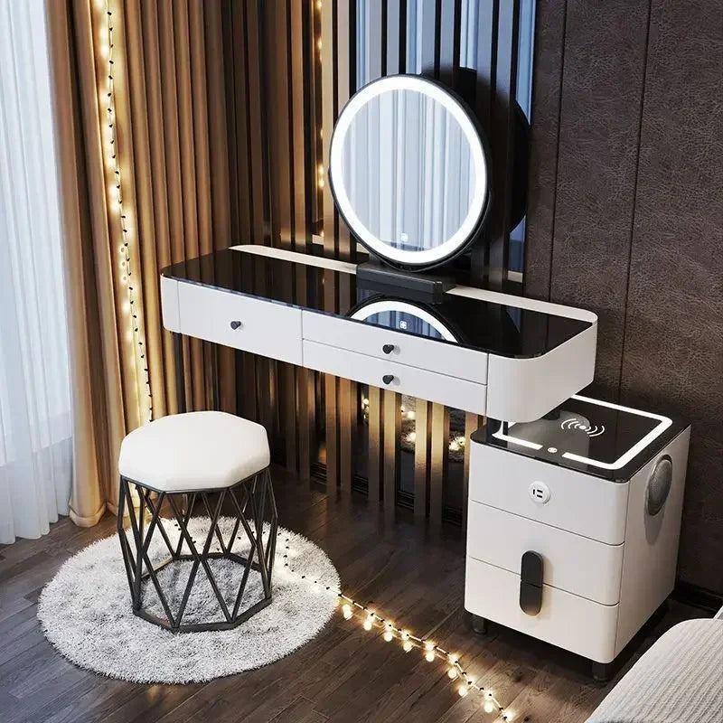 Modern Dressing Table with Smart Wireless Charging Luxury Bedroom Multifunctional Makeup Table with Chair Sound Cloud Led Mirror