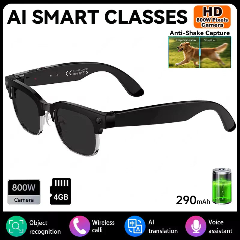 AI Smart Glasses 8 Million Pixels, Recording Videos, Photo Recognition, Answer, Translation, 290mAh IP66 Waterproof Bluetooth Glasses.