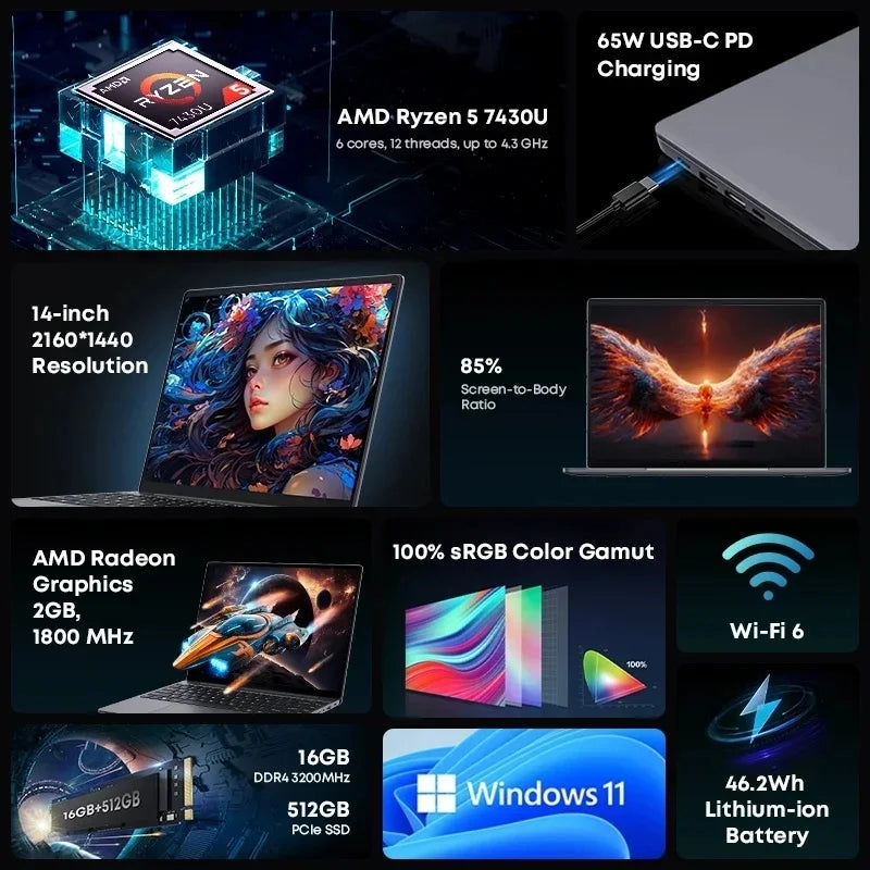 CHUWI Core Book X Gaming Laptop, AMD R5-7430U,16GB DDR4 RAM, 512GB SSD 14.1 inch, 2K Screen Lightweight Notebook.
