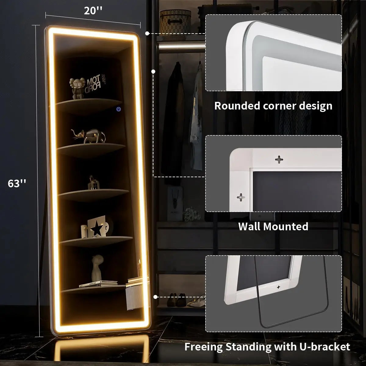 63"x20" Full Length Mirror with Lights, LED Mirror Full Length, Lighted Floor Mirror with Stand.