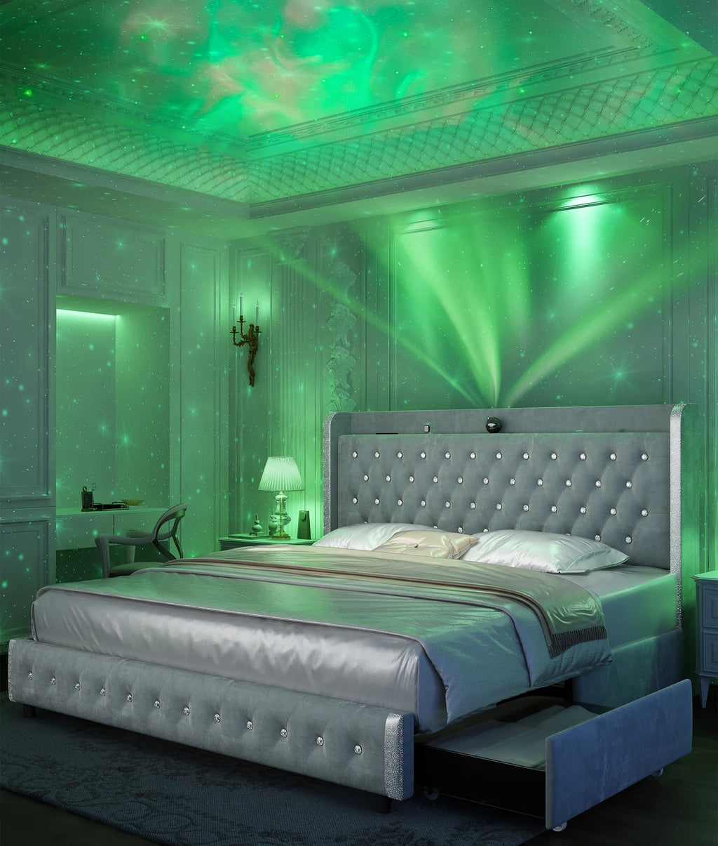 GEGOFORU Queen LED Bed Frame with Galaxy Projector, Bluetooth Speaker, USB Ports, 4 Drawers, No Box Spring Needed, PU Black