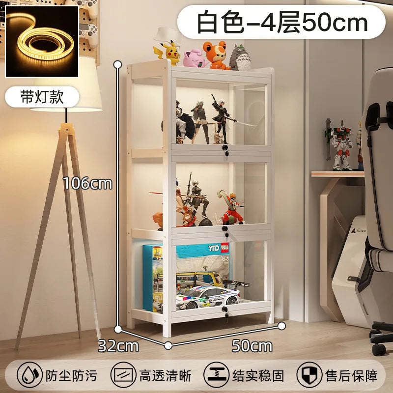 Display Cabinet Acrylic Curio Cabinet with Lock Glass Display Cabinet Natural Bamboo  Glass Cabinet Easy to Install，With Lights