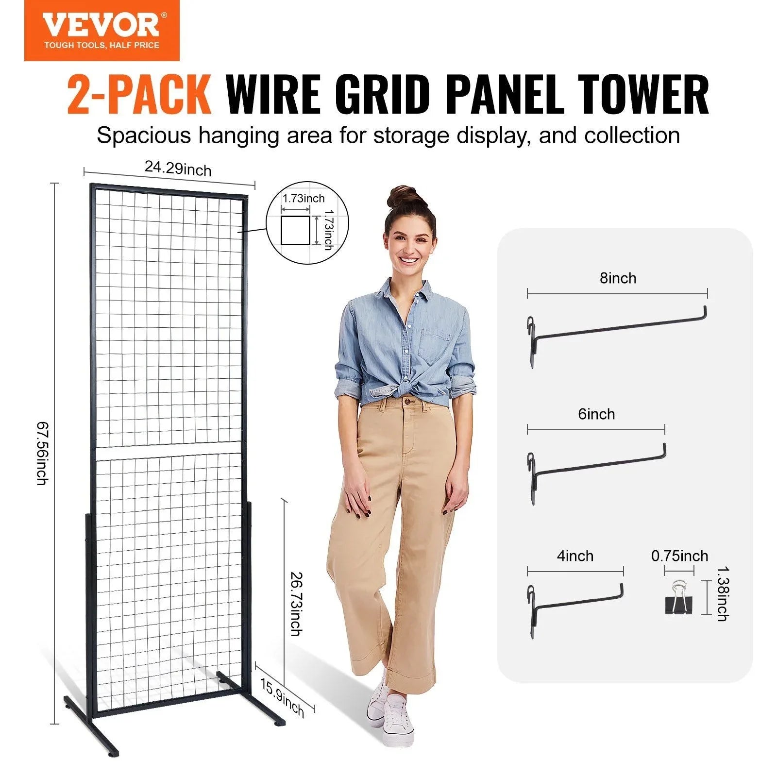2 Packs Wire Gridwall Display Racks with T-Base 2' x 5.6' Grid Wall Panels Tower Retail Display with Extra Clips and Hooks