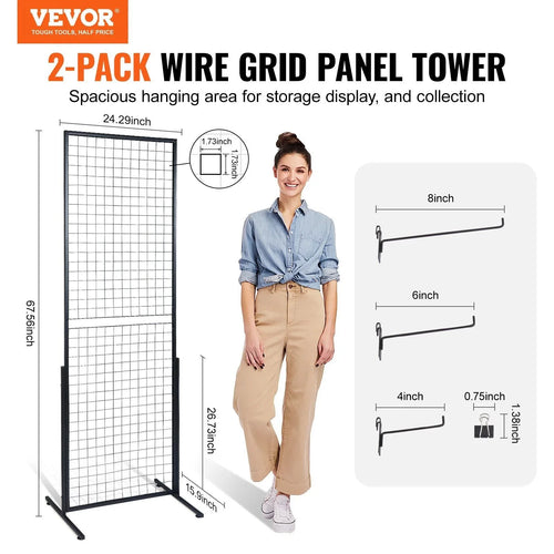 2 Packs Wire Gridwall Display Racks with T-Base 2' x 5.6' Grid Wall Panels Tower Retail Display with Extra Clips and Hooks