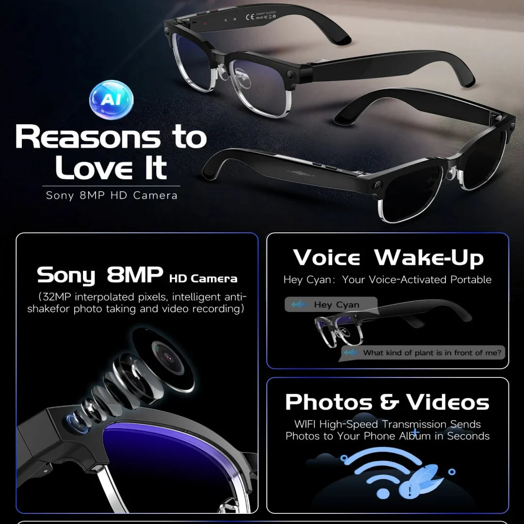 4K HD Color Changing AI Smart Glasses, 800W Pixel Camera, Bluetooth Call, Voice Assistant Control ,Smart Sports Glasses 2026 Hot.
