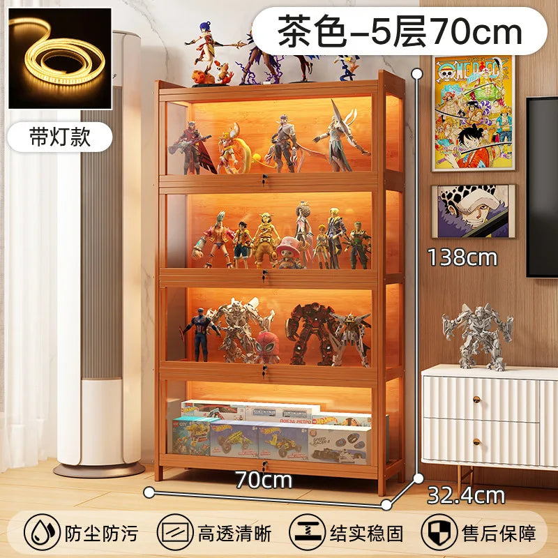 Display Cabinet Acrylic Curio Cabinet with Lock Glass Display Cabinet Natural Bamboo  Glass Cabinet Easy to Install，With Lights
