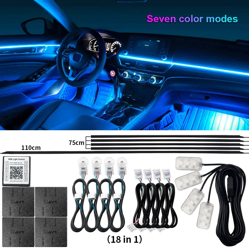 18 in 1 Dual Zone Symphony Streamer Car Ambient Light Interior LED Full Color RGB Neon Acrylic Strip Atmosphere Lighting Kit App