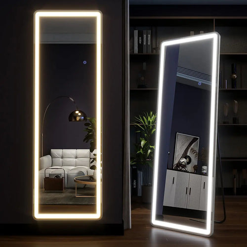63"x20" Full Length Mirror with Lights, LED Mirror Full Length, Lighted Floor Mirror with Stand.