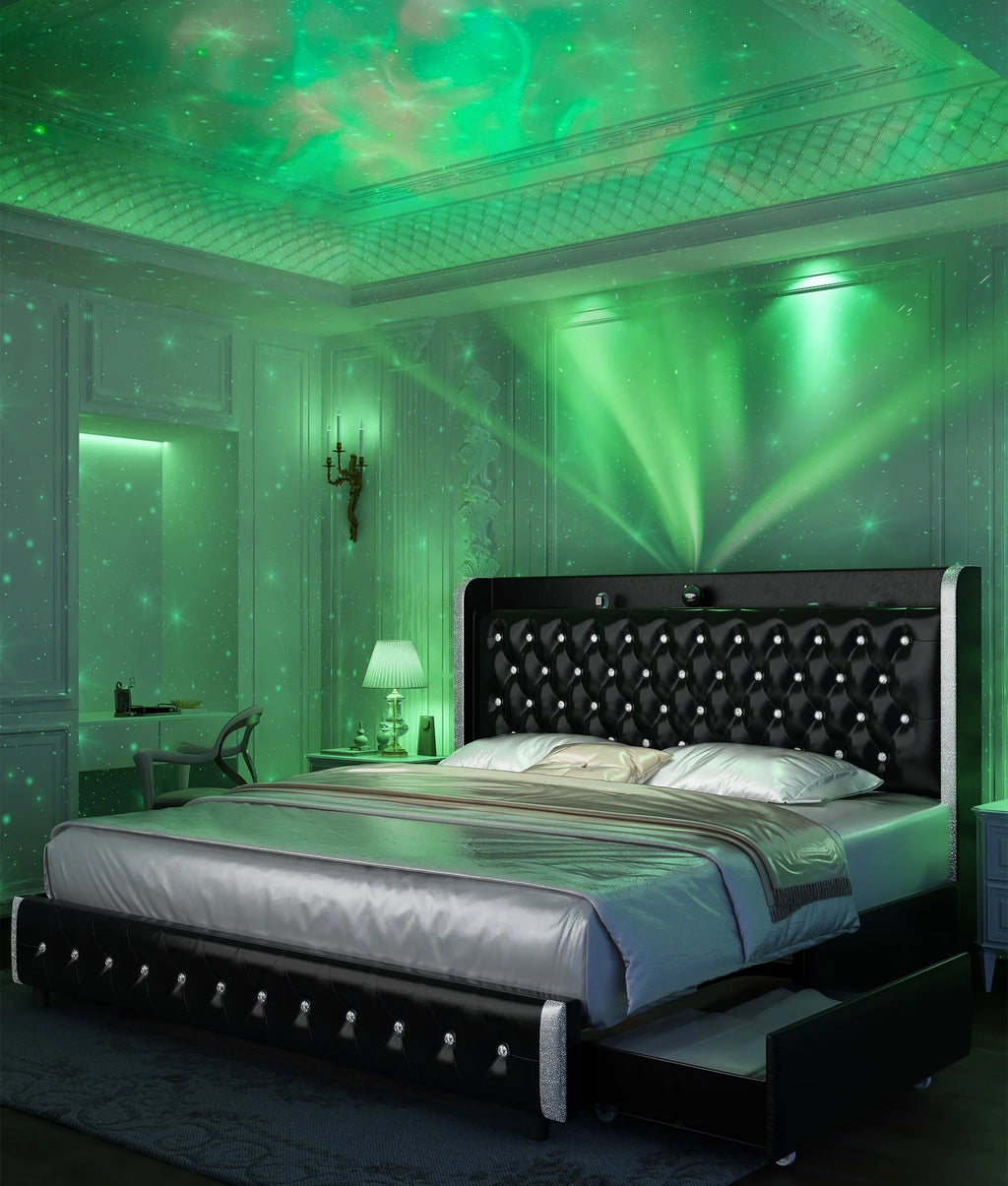 GEGOFORU Queen LED Bed Frame with Galaxy Projector, Bluetooth Speaker, USB Ports, 4 Drawers, No Box Spring Needed, PU Black