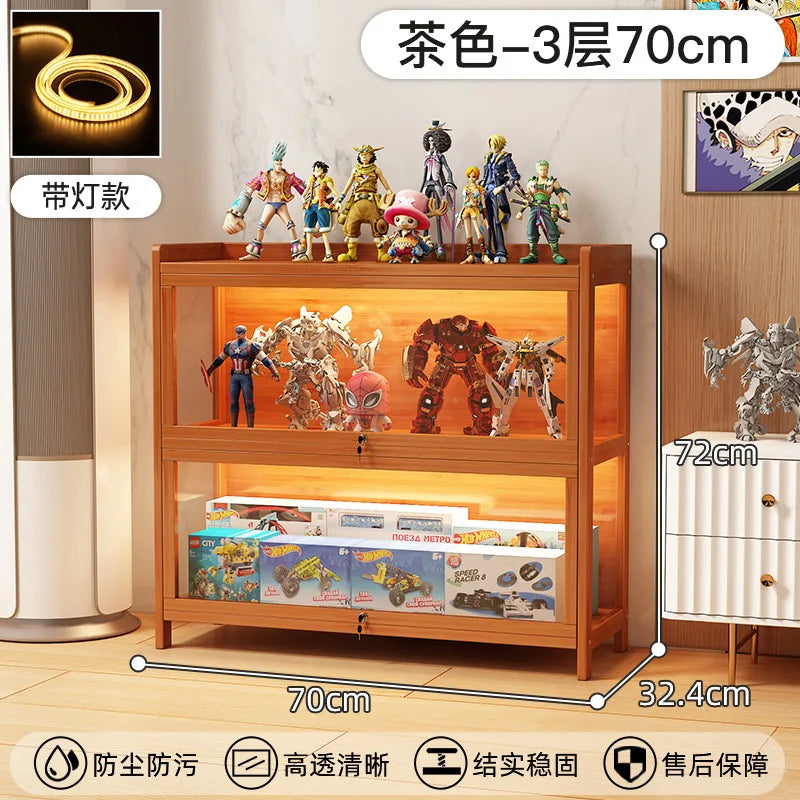 Display Cabinet Acrylic Curio Cabinet with Lock Glass Display Cabinet Natural Bamboo  Glass Cabinet Easy to Install，With Lights