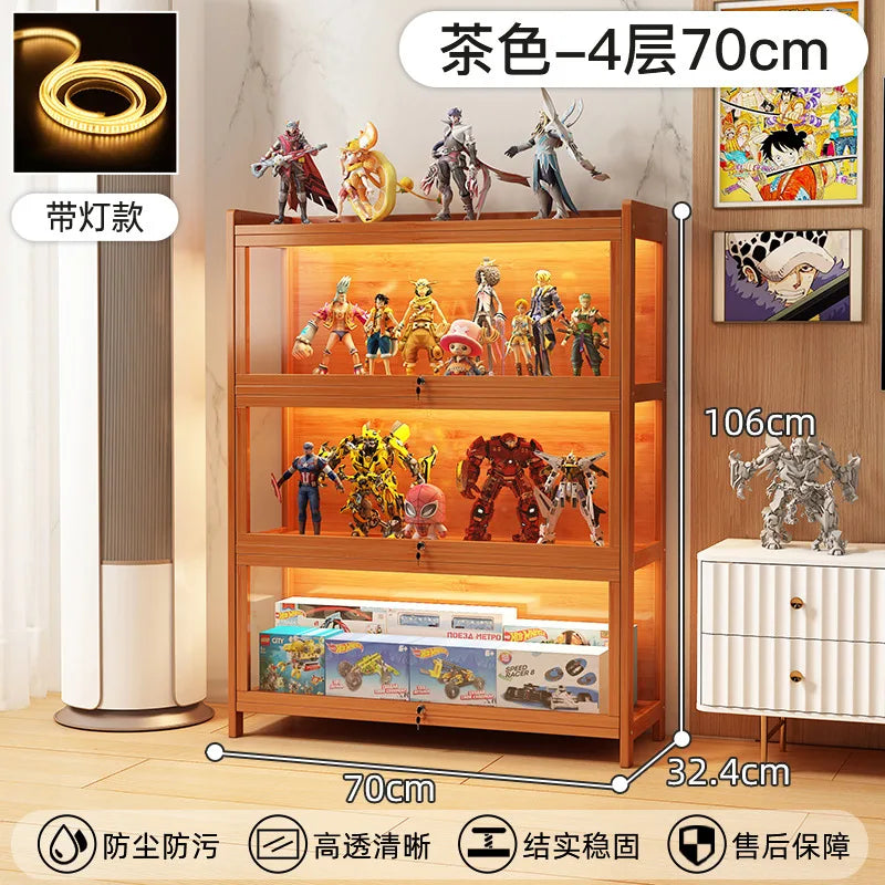 Display Cabinet Acrylic Curio Cabinet with Lock Glass Display Cabinet Natural Bamboo  Glass Cabinet Easy to Install，With Lights
