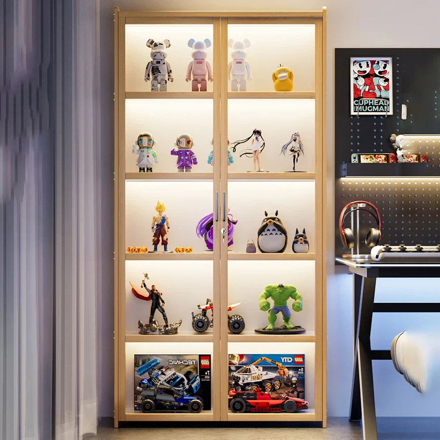 Display Cabinet Acrylic Curio Cabinet with Lock Glass Display Cabinet Natural Bamboo  Glass Cabinet Easy to Install，With Lights