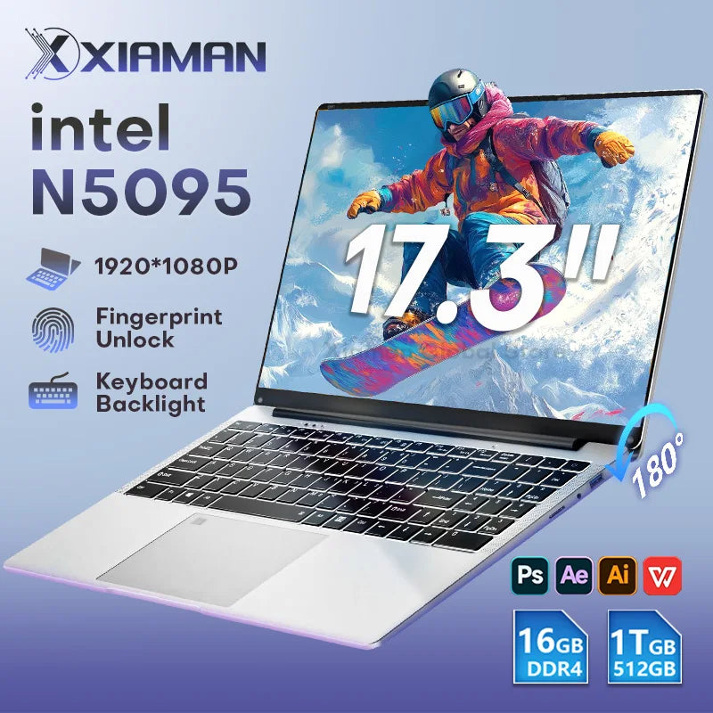 17.3" Laptop Computer PC Windows 11 Pro N5095 Laptops Backlit Keyboard 16GB DDR4 1TB SSD