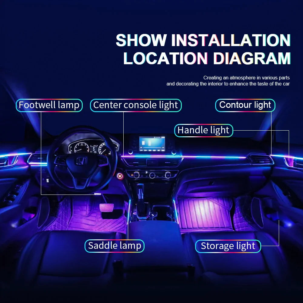 18 in 1 Dual Zone Symphony Streamer Car Ambient Light Interior LED Full Color RGB Neon Acrylic Strip Atmosphere Lighting Kit App