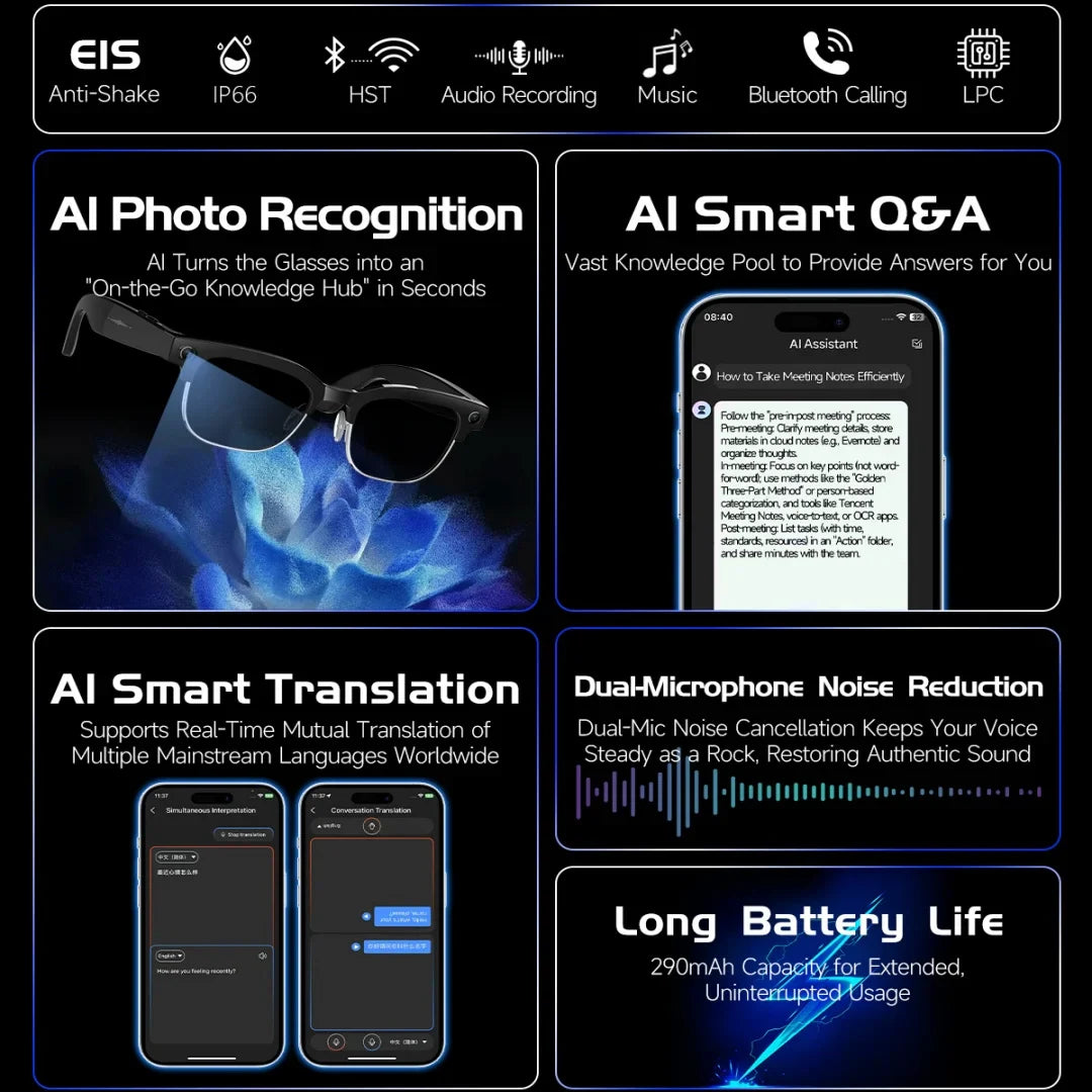 AI Smart Glasses 8 Million Pixels, Recording Videos, Photo Recognition, Answer, Translation, 290mAh IP66 Waterproof Bluetooth Glasses.