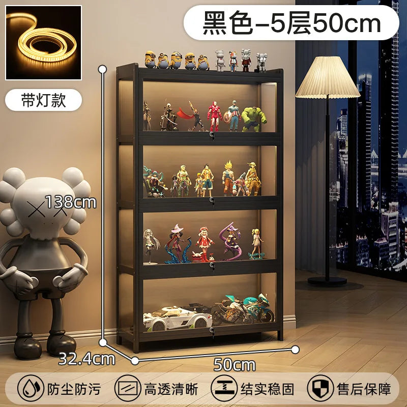 Display Cabinet Acrylic Curio Cabinet with Lock Glass Display Cabinet Natural Bamboo  Glass Cabinet Easy to Install，With Lights