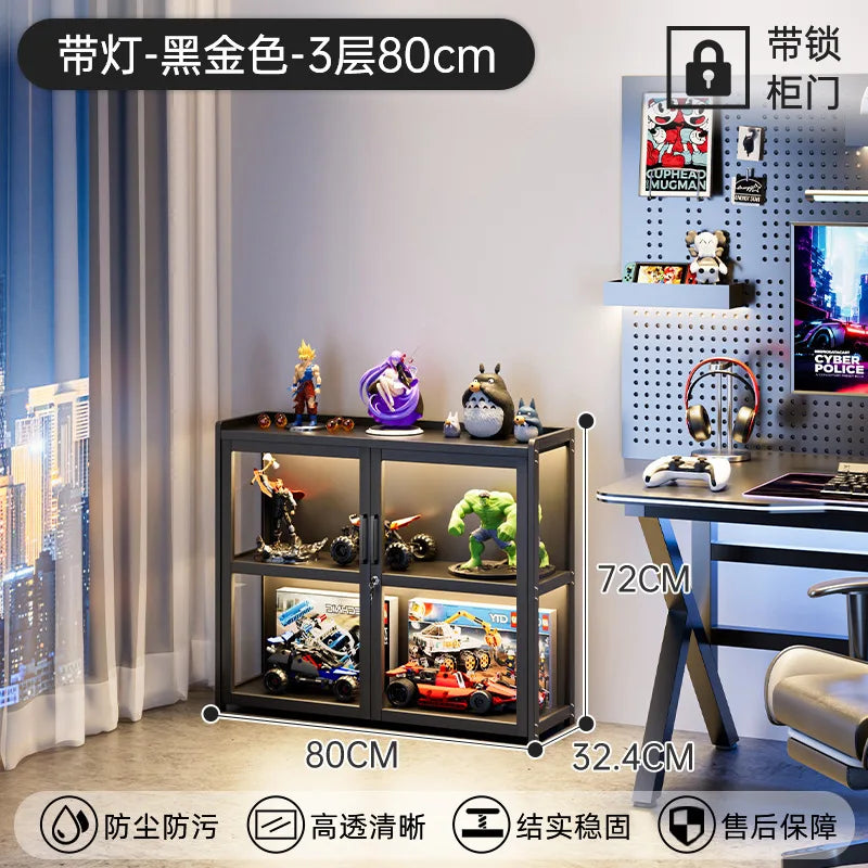 Display Cabinet Acrylic Curio Cabinet with Lock Glass Display Cabinet Natural Bamboo  Glass Cabinet Easy to Install，With Lights