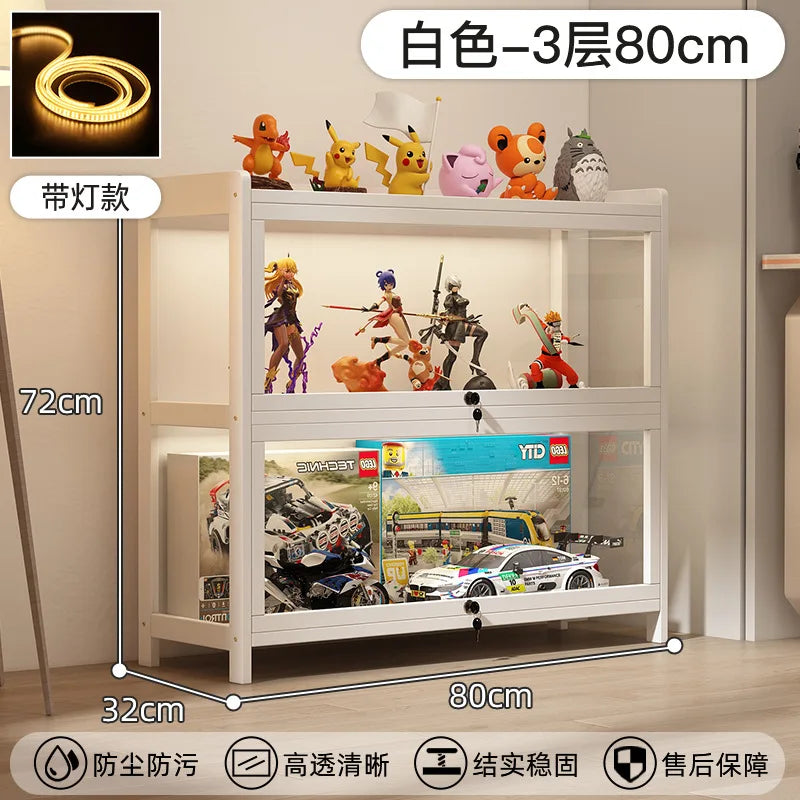 Display Cabinet Acrylic Curio Cabinet with Lock Glass Display Cabinet Natural Bamboo  Glass Cabinet Easy to Install，With Lights