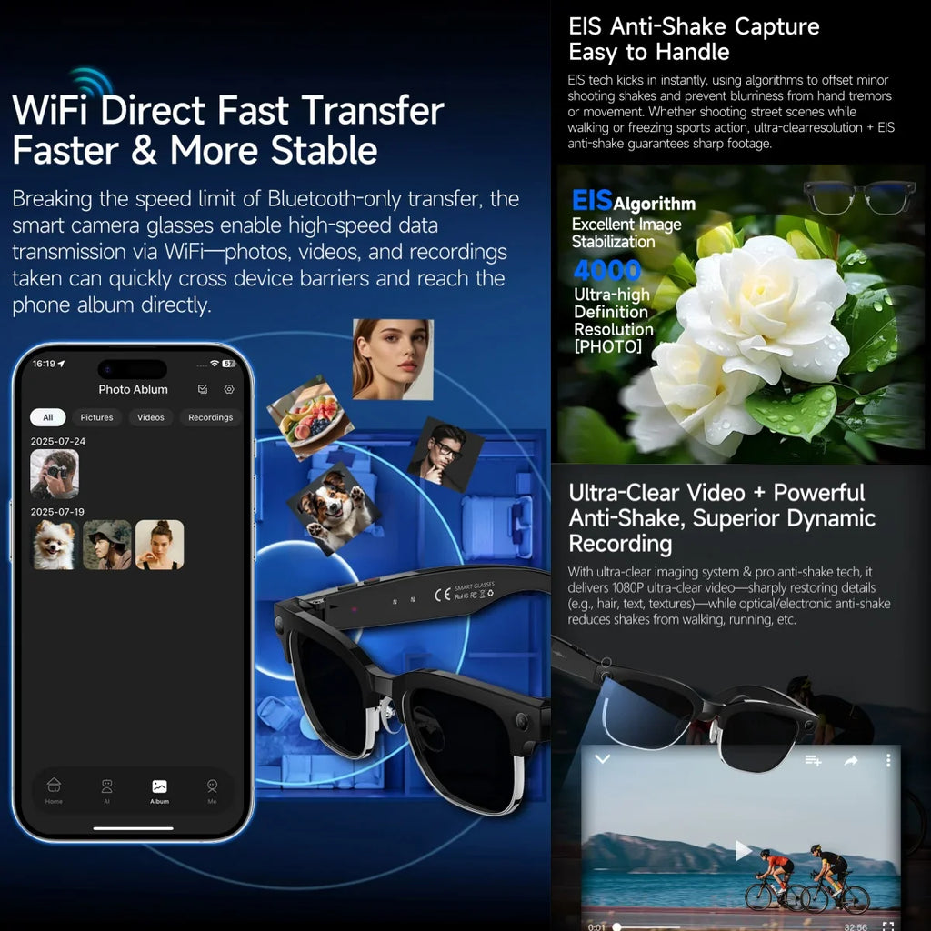 AI Smart Glasses 8 Million Pixels, Recording Videos, Photo Recognition, Answer, Translation, 290mAh IP66 Waterproof Bluetooth Glasses.