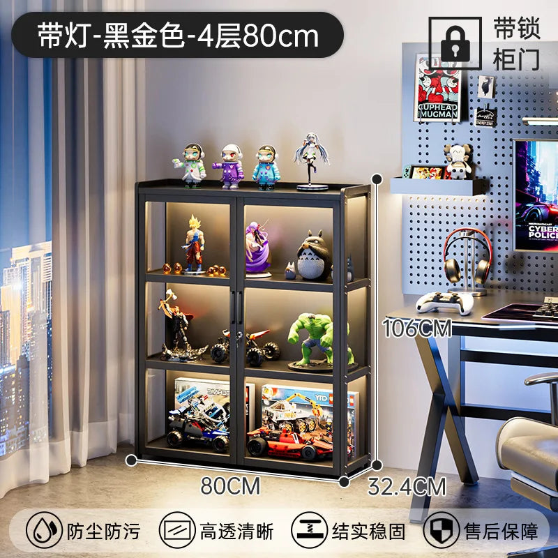 Display Cabinet Acrylic Curio Cabinet with Lock Glass Display Cabinet Natural Bamboo  Glass Cabinet Easy to Install，With Lights