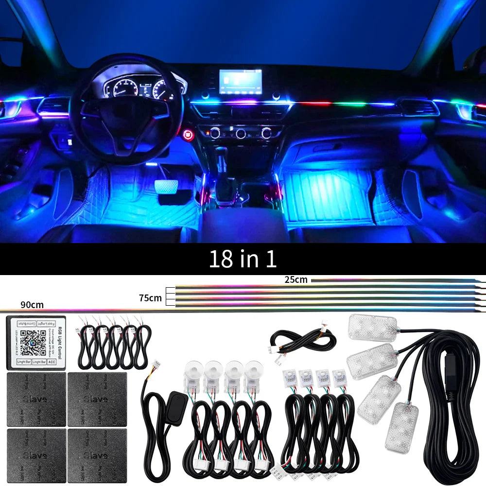 18 in 1 Dual Zone Symphony Streamer Car Ambient Light Interior LED Full Color RGB Neon Acrylic Strip Atmosphere Lighting Kit App