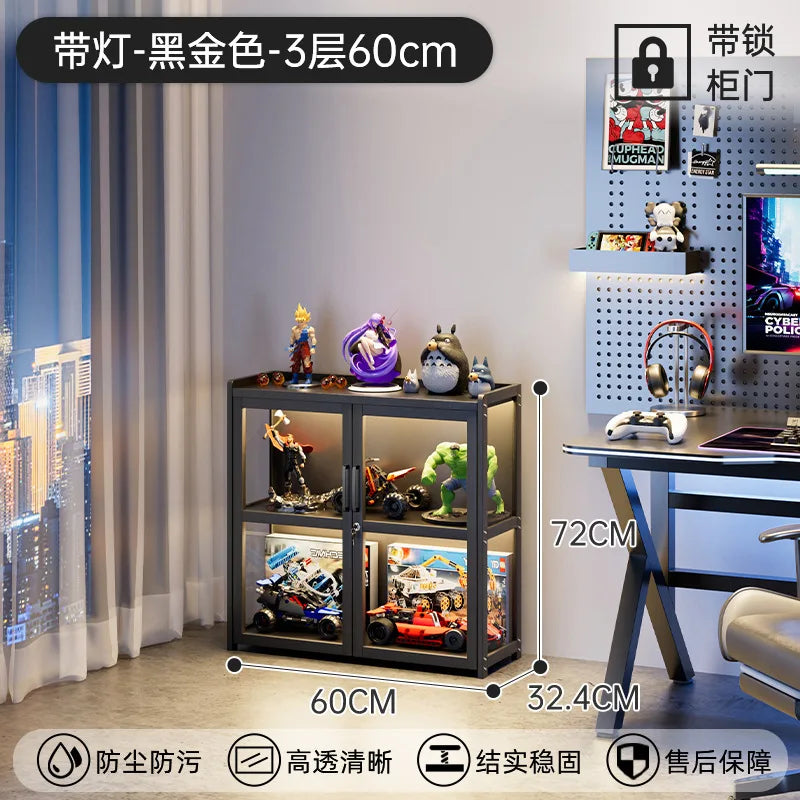 Display Cabinet Acrylic Curio Cabinet with Lock Glass Display Cabinet Natural Bamboo  Glass Cabinet Easy to Install，With Lights
