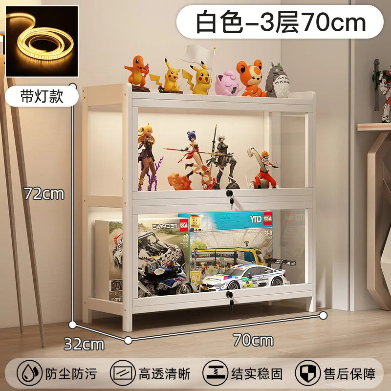 Display Cabinet Acrylic Curio Cabinet with Lock Glass Display Cabinet Natural Bamboo  Glass Cabinet Easy to Install，With Lights