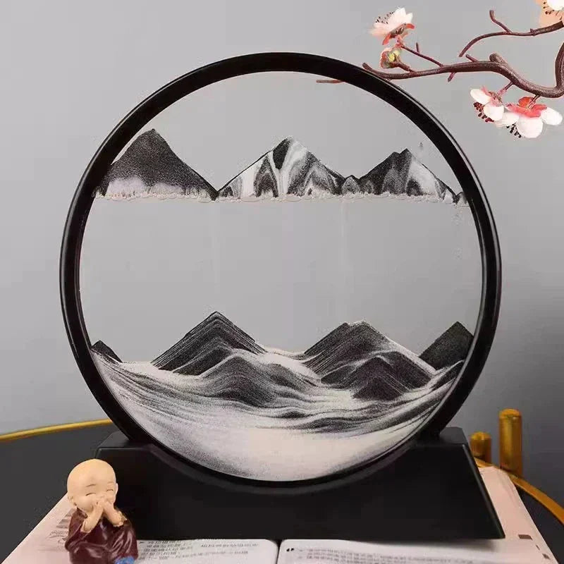 3D Moving Sand Art Picture - Round Glass Deep Sea Sandscape Hourglass for Home & Office Decor