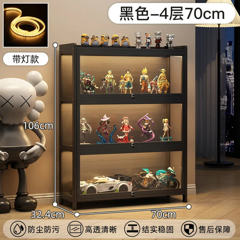 Display Cabinet Acrylic Curio Cabinet with Lock Glass Display Cabinet Natural Bamboo  Glass Cabinet Easy to Install，With Lights