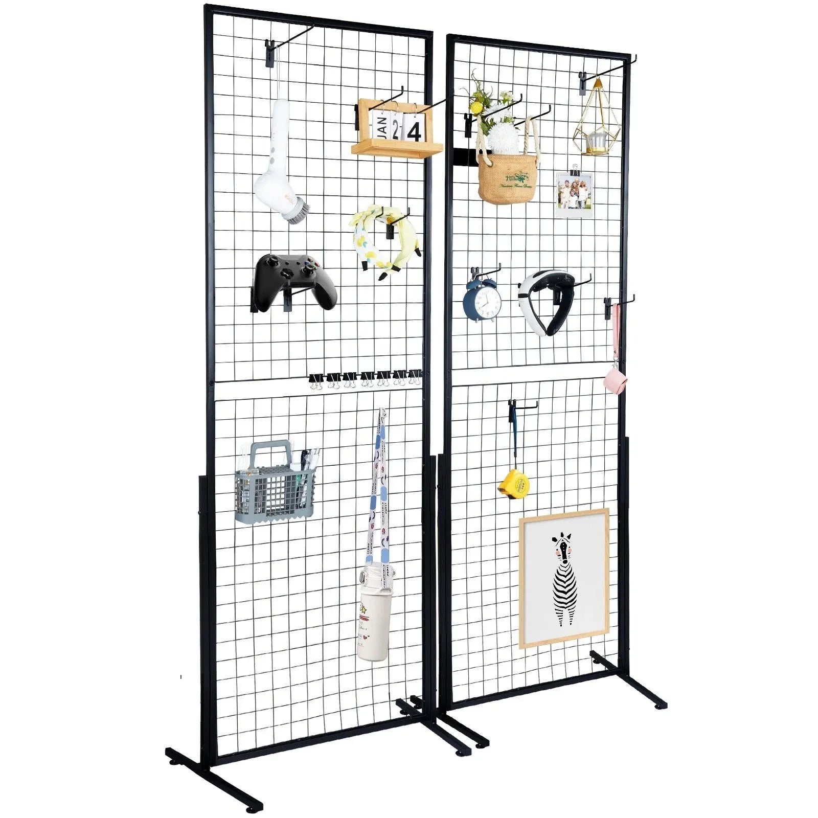 2 Packs Wire Gridwall Display Racks with T-Base 2' x 5.6' Grid Wall Panels Tower Retail Display with Extra Clips and Hooks