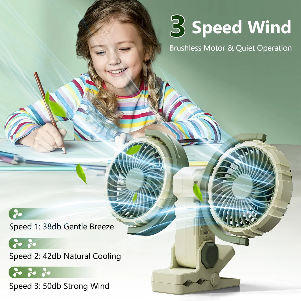 Cool Breeze | Portable Fan with Dual Heads & Rechargeable Battery | Adjustable Speed for Comfort