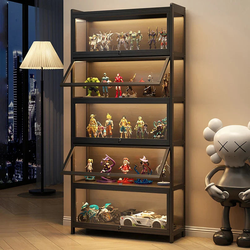 Display Cabinet Acrylic Curio Cabinet with Lock Glass Display Cabinet Natural Bamboo  Glass Cabinet Easy to Install，With Lights