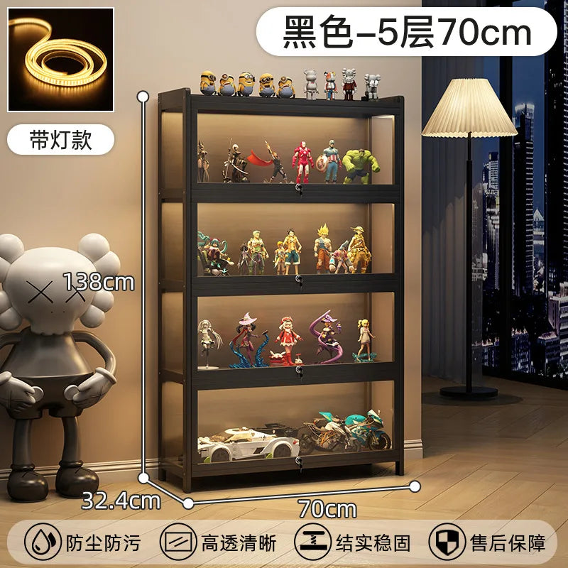 Display Cabinet Acrylic Curio Cabinet with Lock Glass Display Cabinet Natural Bamboo  Glass Cabinet Easy to Install，With Lights