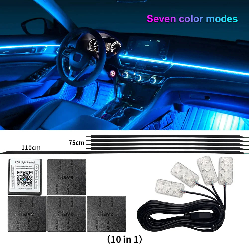 18 in 1 Dual Zone Symphony Streamer Car Ambient Light Interior LED Full Color RGB Neon Acrylic Strip Atmosphere Lighting Kit App