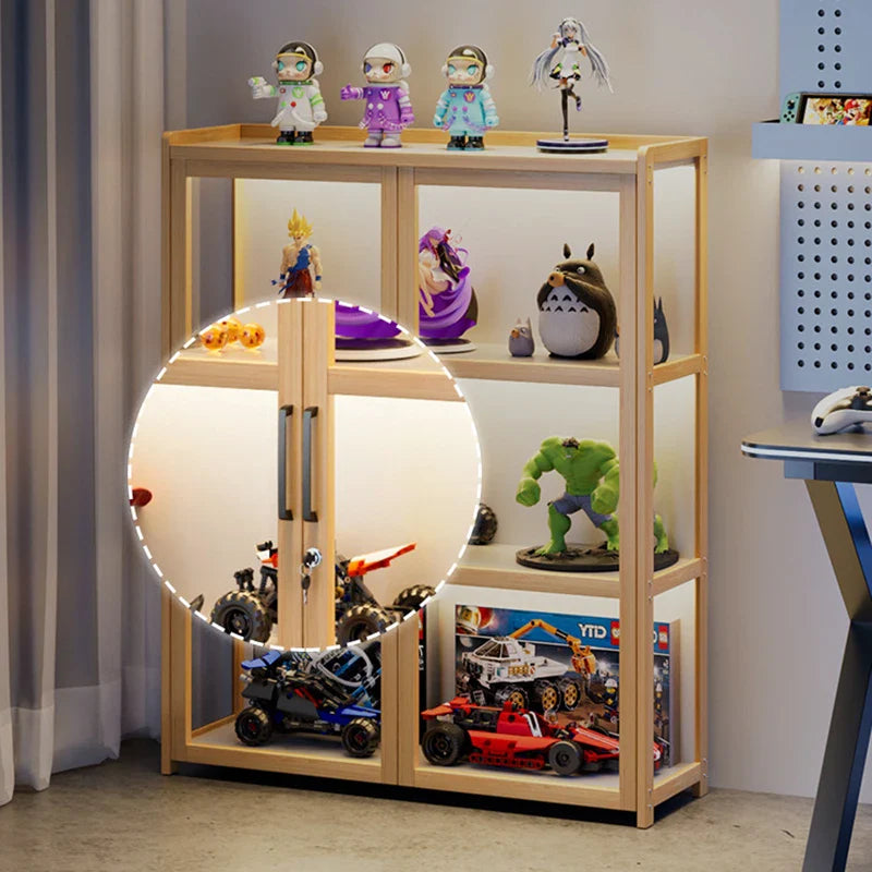 Display Cabinet Acrylic Curio Cabinet with Lock Glass Display Cabinet Natural Bamboo  Glass Cabinet Easy to Install，With Lights