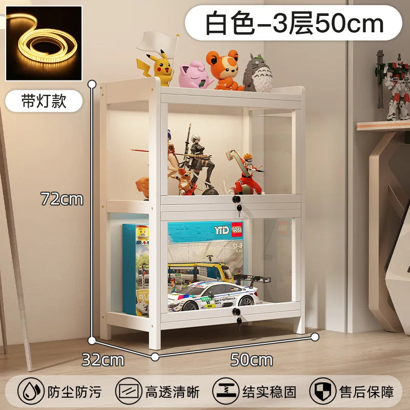 Display Cabinet Acrylic Curio Cabinet with Lock Glass Display Cabinet Natural Bamboo  Glass Cabinet Easy to Install，With Lights
