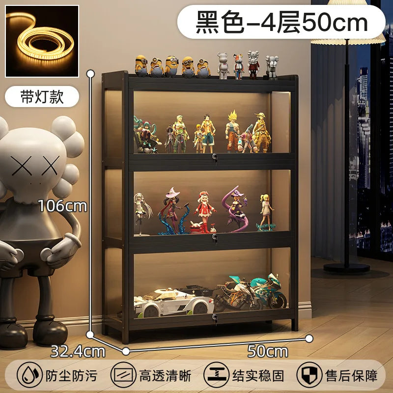 Display Cabinet Acrylic Curio Cabinet with Lock Glass Display Cabinet Natural Bamboo  Glass Cabinet Easy to Install，With Lights