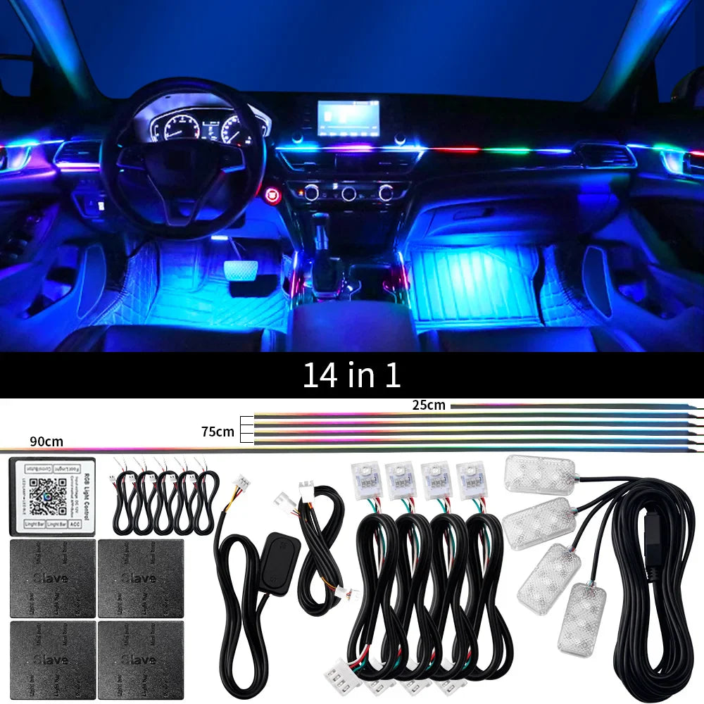 18 in 1 Dual Zone Symphony Streamer Car Ambient Light Interior LED Full Color RGB Neon Acrylic Strip Atmosphere Lighting Kit App