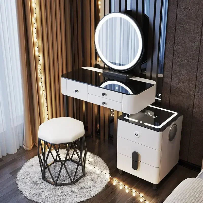 Modern Dressing Table with Smart Wireless Charging Luxury Bedroom Multifunctional Makeup Table with Chair Sound Cloud Led Mirror