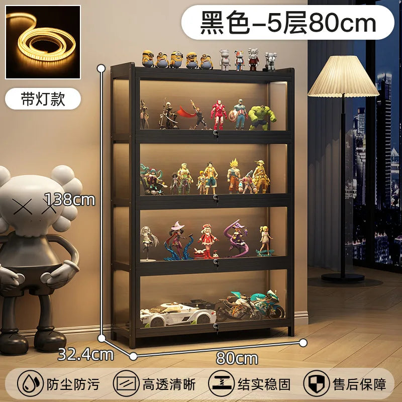 Display Cabinet Acrylic Curio Cabinet with Lock Glass Display Cabinet Natural Bamboo  Glass Cabinet Easy to Install，With Lights