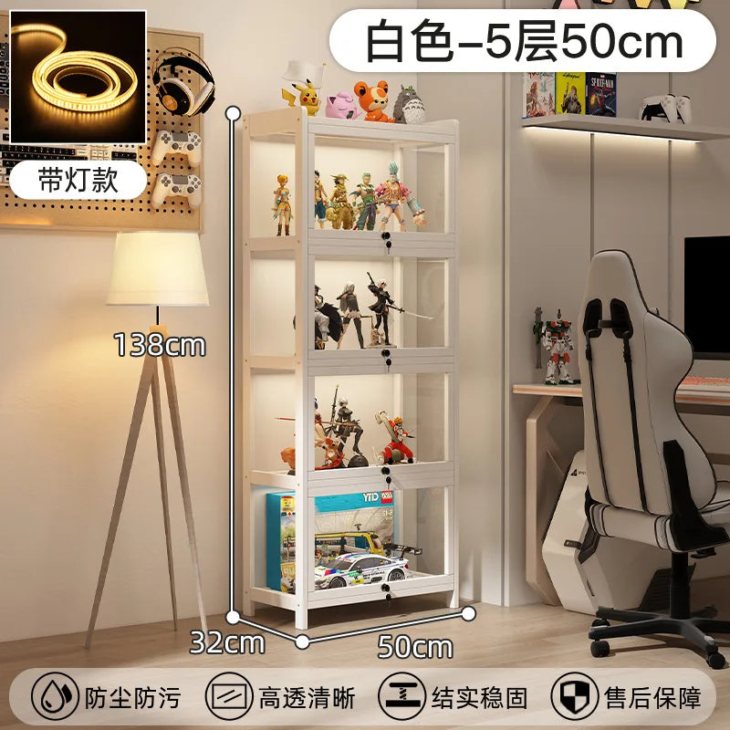 Display Cabinet Acrylic Curio Cabinet with Lock Glass Display Cabinet Natural Bamboo  Glass Cabinet Easy to Install，With Lights