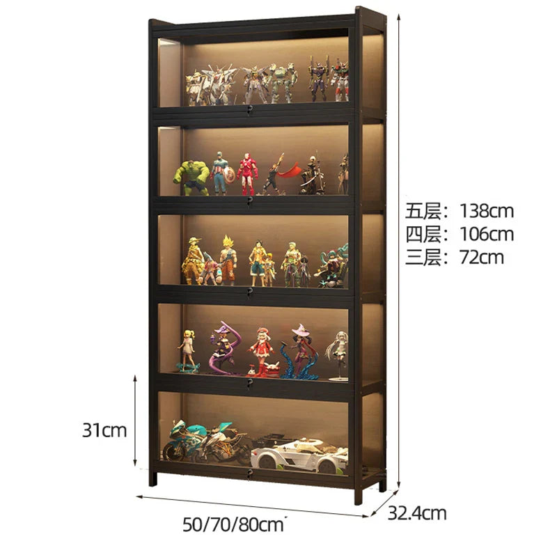 Display Cabinet Acrylic Curio Cabinet with Lock Glass Display Cabinet Natural Bamboo  Glass Cabinet Easy to Install，With Lights