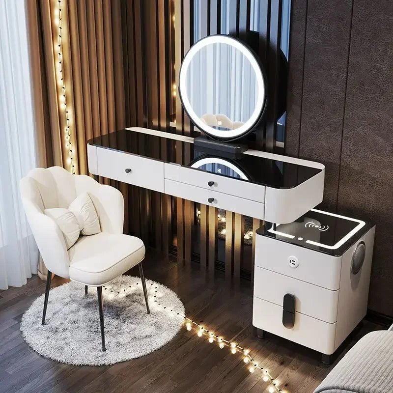 Modern Dressing Table with Smart Wireless Charging Luxury Bedroom Multifunctional Makeup Table with Chair Sound Cloud Led Mirror