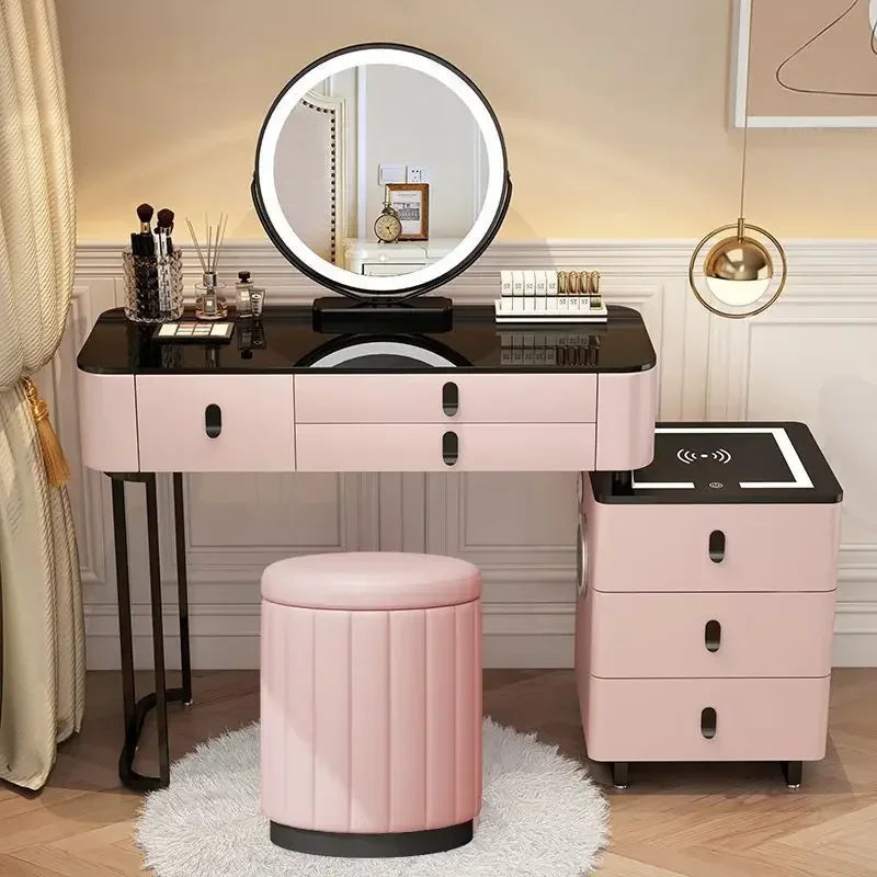 Modern Dressing Table with Smart Wireless Charging Luxury Bedroom Multifunctional Makeup Table with Chair Sound Cloud Led Mirror